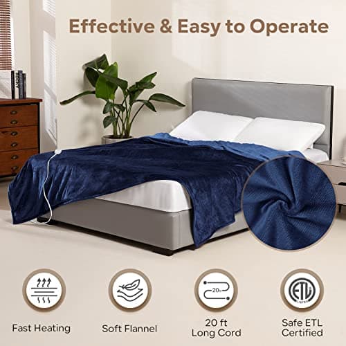 Electric Heated Blanket Queen Size 84" x 90" | 6 Heating Levels & 8h Auto Timer | Full Body Fast Heating and Ultra Soft Flannel, Machine Washable Bed Sofa Home Office Use, Blue