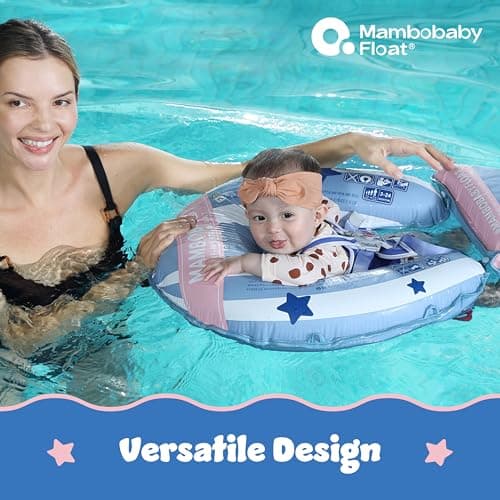 MAMBOBABYFLOAT Light Traveler 2025 — Safe, Comfortable, Adjustable Baby Pool Float with Canopy — Sun Protection, Self-Inflating, 5-Way Buckle System (Hot Air Balloon, Pink)