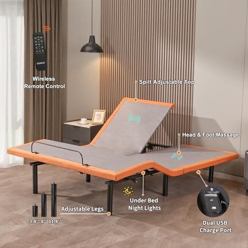 ESHINE Split Queen Adjustable Bed Frame with Mattress - 14" Gel Memory Foam Mattress, USB Ports, Underbed Night Light, Head and Foot Incline, Top Split Queen, Orange