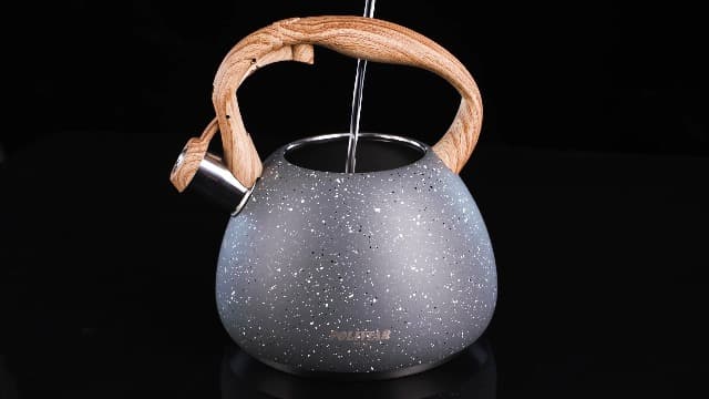 POLIVIAR Tea Kettle, 2.7 Quart Natural Stone Finish with Wood Pattern Handle Loud Whistle Food Grade Stainless Steel Teapot, Anti-Hot Handle and Anti-Rust, Suitable for All Heat Sources (JX2018-GR20)