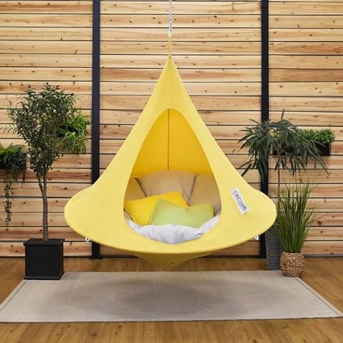 Single Cacoon Hanging Chair – Cozy Indoor/Outdoor Hammock with Polyester Canvas, 440 lb Capacity, Includes 18ft Rope & Carabiner (Lemonade)
