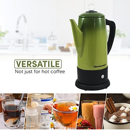 Elite Gourmet EC812G Vintage 50’s Electric Coffee Percolator Clear Brew Progress Knob Cool-Touch Handle Cord-less Serve, 12-Cup, Retro Green