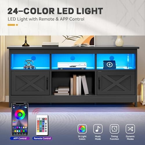 YITAHOME TV Stand for 65 Inch TVs, Entertainment Center with Storage Cabinets, Power Outlet & LED Light, Media Console Living Room Furniture, Black