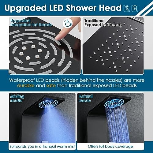 ROVOGO Shower Panel Tower System with Rainfall Mist Shower Head, Body Jets, Handheld and Tub Spout, Led Lights and Temp Display No Battery Needed, Unibody Shower Column 304 Stainless Steel Black