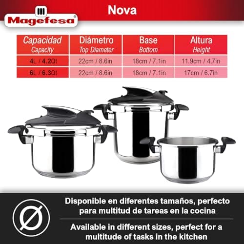 Magefesa Nova 4.2 Qt Stovetop Pressure Cooker – Fast Cooking, Easy Locking, 18/10 Stainless Steel, Induction Compatible, 5 Safety Features, 11.6 PSI