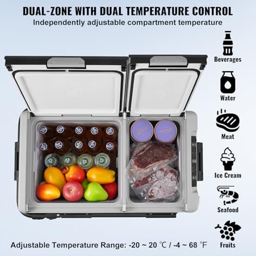 VEVOR Portable Car Refrigerator, 12 Volt Car Refrigerator Fridge, 58 L / 61.5 QT Dual Zone Portable Freezer, -4℉-68℉ Adjustable Temperature, Compressor Cooler for Home, Outdoor, Camping, RV, Car