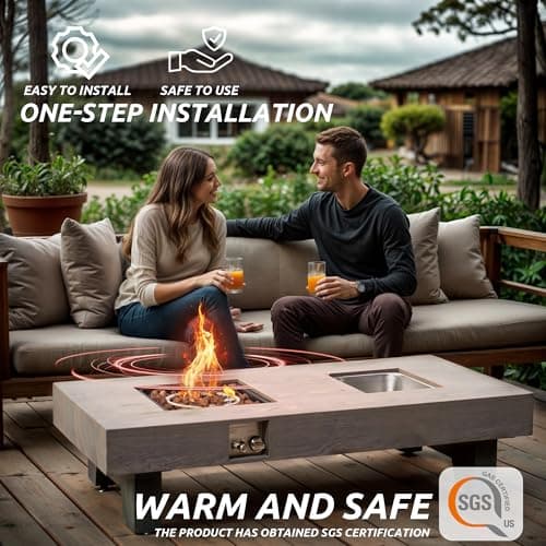 Propane Fire Pit,Outdoor Gas Fire Pit Table with Rain Cover,Rectangular Heater for Patio, Backyard, Deck,50,000BTU Outdoor Modern Patio Fire Pit (Wood, 54)