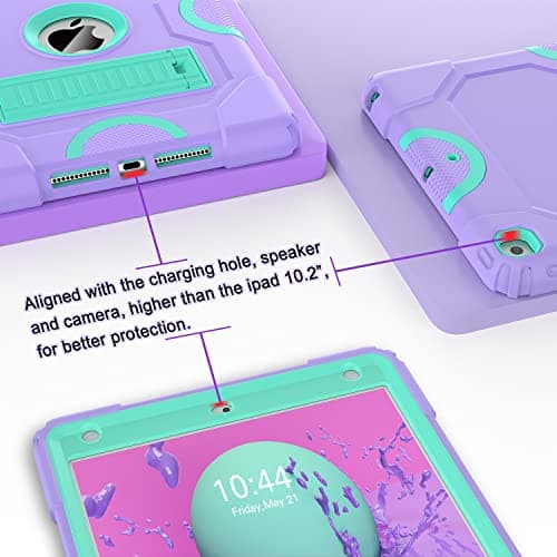 for iPad 9th Generation Case, iPad 8th 7th Generation Case, iPad 10.2 Inch 2021/2020/2019 Case, Heavy Duty Rugged Shockproof Protective Cover with Kickstand for Kids Boys Girls Purple/Green