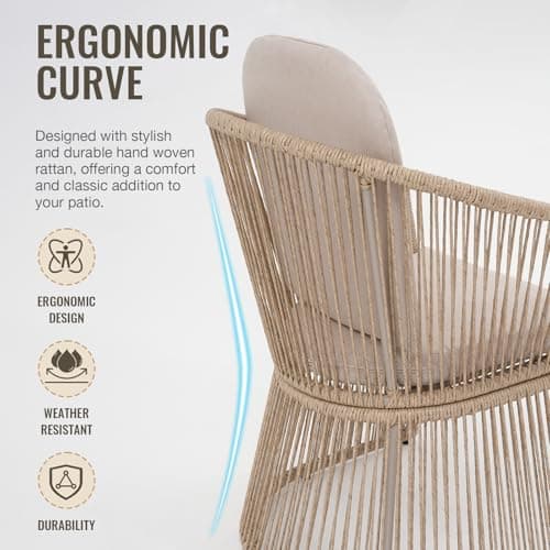 SUNSITT Patio Chairs Set of 4, Woven Wicker Outdoor Dining Chair w/Weather-Resistant Cushions, Modern Bistro Chairs Set of 4 w/Curved Armrest Beige for Garden Balcony Backyard