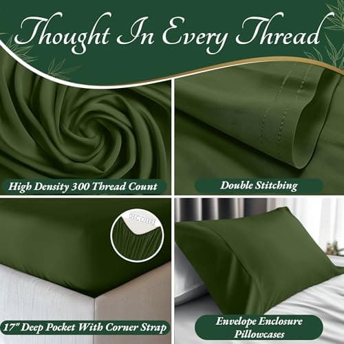 DECOLURE 100% Organic Viscose Derived from Bamboo Sheets Queen Size 6pcs - Ultra Soft & Luxuriously Cooling, 17" Deep Pocket, Double Stitching, Perfect for Hot Sleepers - Queen Bed Sheets (Olive)