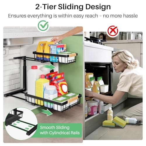 Under Sink Organizer, 2 Packs 2 Tier Under Sink Organizers and Storage, Slide Out Pull Out Cabinet Organizer Shelf, Metal Sliding Drawer for Kitchen Bathroom Pantry Cabinet Closet Organization Rack