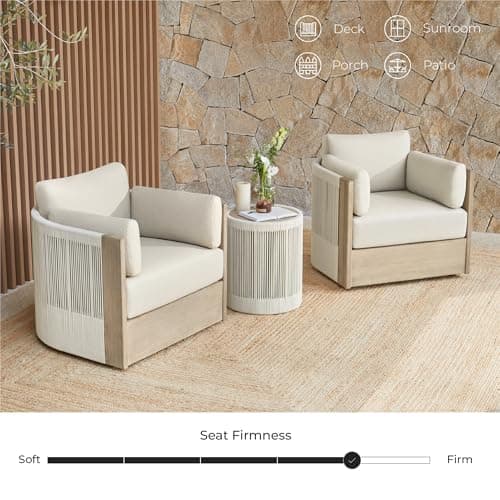 CHITA 3 Pieces Boho Patio Rattan Bistro Set, Outdoor Wicker Furniture Swivel Chairs & Side Table Set with 2 Arm Pillows, Acacia Wood Frame, Fully Assembled(Cream)