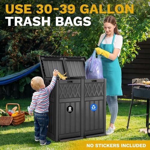 DWVO 66 Gallon Double-Bin Outdoor Trash Can, Waterproof Resin Garbage Can with Tiered Lid and Drip Tray for Patio, Kitchen, Deck, and Backyard - Black