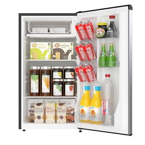 ACFR322 RCA Mini Refrigerator, Compact Freezer Compartment, Adjustable Thermostat Control, Reversible Door, Ideal Fridge for Dorm, Office, Apartment, Platinum Stainless, 3.2 Cubic Feet
