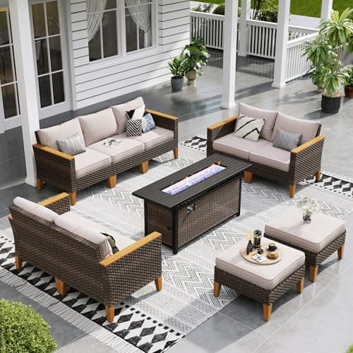 Sophia & William Patio Furniture Set with 56" Fire Pit Table, 10PCS Outdoor Wicker Sectional Conversation Set with 3-Seater Sofa, 2-Seater Couch, 2 Ottoman & FirePit Table(Beige)