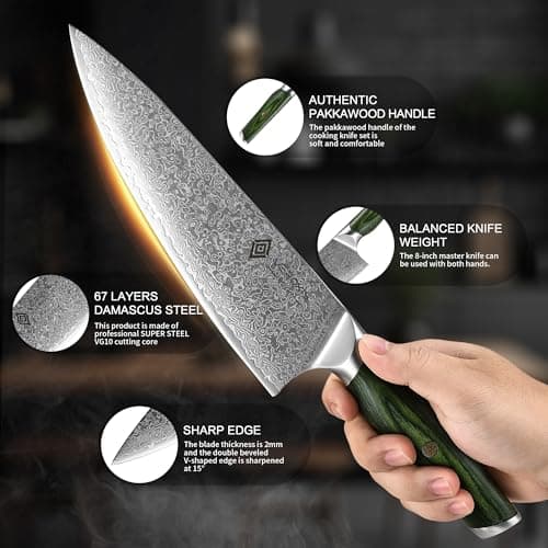 Damascus Chef Knife 8 Inch, Professional Japanese Kitchen Knives Sharp High Carbon Super Steel with Ergonomic Pakkawood Handles, Elegant Gift Box Packaging