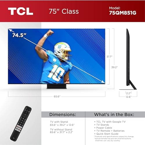 TCL 75-Inch QM85 QLED 4K Smart QD-Mini LED TV with Google TV (75QM851G, 2024 Model) Dolby Vision IQ HDR, Dolby Atmos, Game Accelerator up to 240Hz, Voice Remote, Works with Alexa, Streaming Television
