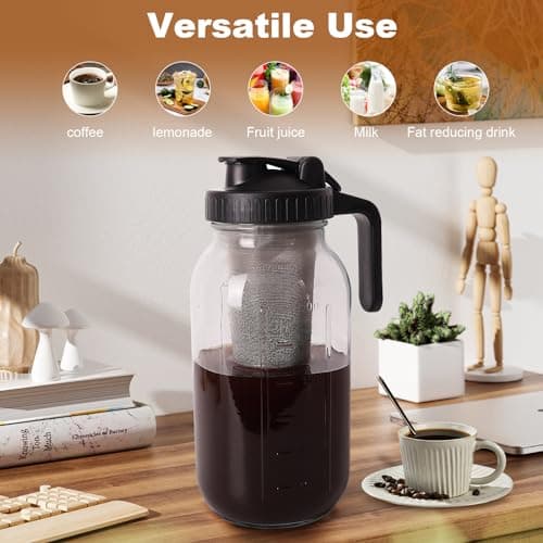 Cold Brew Coffee Maker,64 oz Mason Jar Pitcher with Stainless Steel Filter, Pour Spout Handle Lid, Heavy Duty Glass Airtight & Leak-Proof Pitcher for iced coffee Tea Lemonade