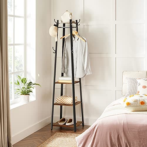 VASAGLE Coat Rack, Coat Stand with 3 Shelves, Hall Tree Free Standing with Hooks for Scarves, Bags, Umbrellas, Steel Frame, Industrial Style, for Entryway, Living Room, Rustic Brown and Black ULCR80X