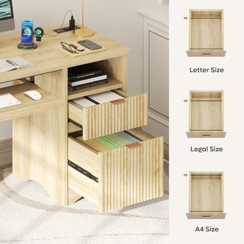 Bestier Computer Desk with Keyboard Tray, 55 inch Office Desk with Power Outlet, Modern Home Office Desk with File Drawer (Natual Oak, 55" W with Single-Sided Drawers)