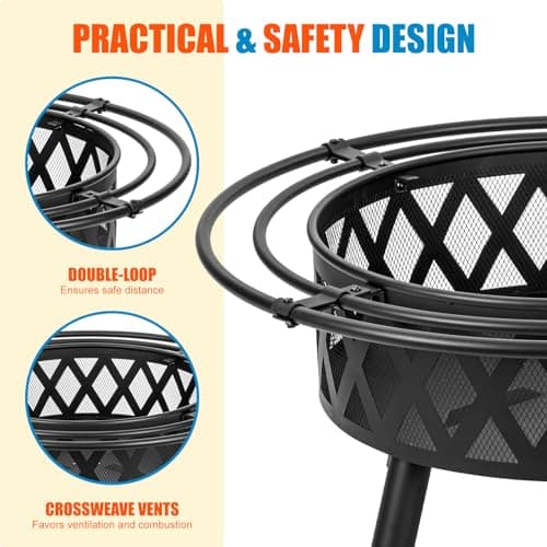 36 Inch Wood Burning Fire Pit with 2 Loops, Outdoor Fire Pit with Spark Screen & Fire Poker, Cross Weave Firepit for Outside Fireplace Bonfire for Yard,Patio, Garden…