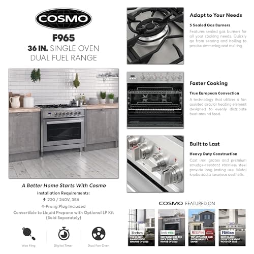 COSMO F965 36 in. Stellar Collection 3.8 cu. ft. Dual Fuel Range, 5 Sealed Burners, 8 Function Convection Oven in Stainless Steel