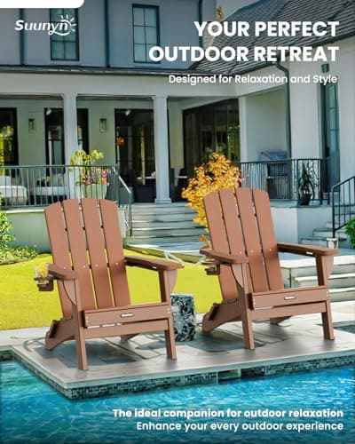Folding Adirondack Chair 6 Pack, HDPE All-Weather Fire Pit Chairs, Plastic Adirondack Chairs with 2 Cup Holder, Outdoor Lawn Chair for Patio Garden (Teak)