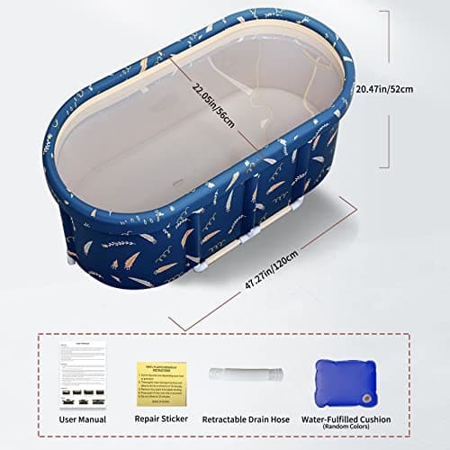 Portable Bathtub,Foldable Freestanding Bathtub,Japanese Soaking Tub,Shower Stall Tub,Bathroom Folding SPA Bath For Adults, Boys & Girls,Outdoor/Indoor Hot Ice Bath,47 Inch,Blue,PVC & Al Alloy