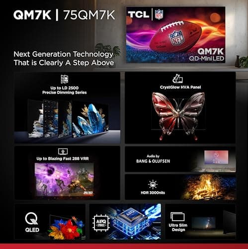 TCL 75-Inch QM7K QLED 4K Smart QD-Mini LED TV with Google TV (75QM7K, 2025 Model) Dolby Vision IQ, Dolby Atmos, HDR, Game Accelerator up to 288Hz, Voice Remote, Works with Alexa, Streaming Television