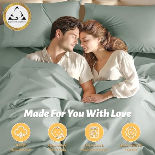 Shilucheng 100% Egyptian Cotton Queen Size Sheets Set - 1000 Thread Count，Luxury Cotton Bed Sheets，Breathable & Cooling Bedding and Pillow Cases, 16 Inch Deep Pocket - 4 Piece (Sea Glass, Queen)