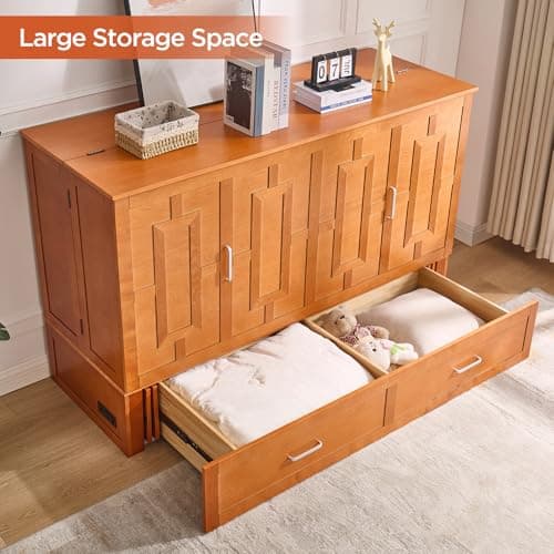 Queen Murphy Bed with Tri-Folding Mattress, Space-Saving Queen Size Wall Bed Built-in Charging Station, Foldable Murphy Bed Cabinet with 2 Storage Drawers for Bedroom, Guest Room, Cherry