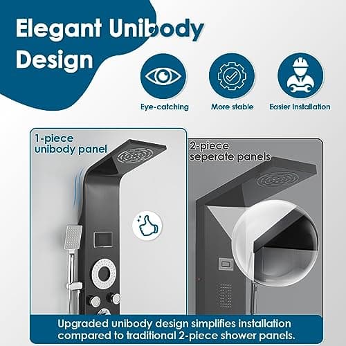 ROVOGO Shower Panel Tower System with Rainfall Mist Shower Head, Body Jets, Handheld and Tub Spout, Led Lights and Temp Display No Battery Needed, Unibody Shower Column 304 Stainless Steel Black