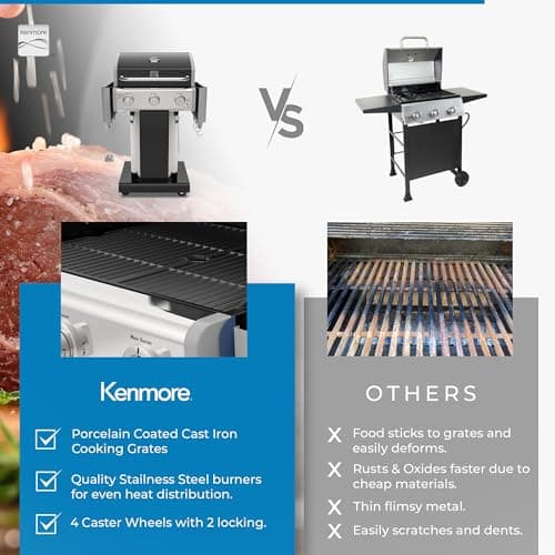 Kenmore 3-Burner Propane BBQ Grill, 30,000 BTUs Gas Grill with Cast Iron Cooking Grates, Folding Side Tables & Wheels, Outdoor Grill with Tool Hooks, Black