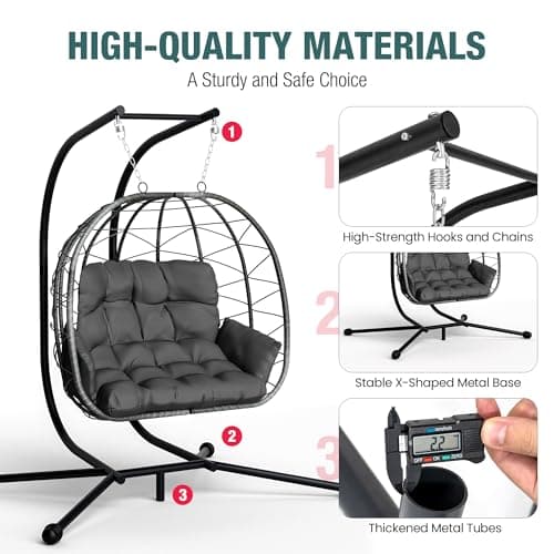 Pamapic Double Egg Chair wth Stand, 700 LBS Loveseat Rattan Swing Chair, UV Resistant Cushions with Armrests and Headrest, Thick Steel Frame Hammock Swing for Outdoor, Patio, Indoor(Grey)