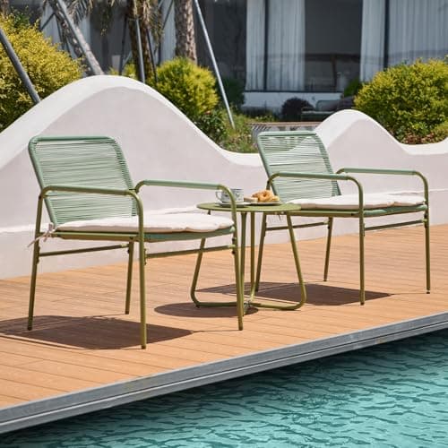 3-Piece Outdoor Wicker Patio Bistro Set, All-Weather Rattan Conversation Set with Round Side Table, Patio Furniture Set with Cushions for Deck, Balcony, Poolside, Porch and Yard, Green