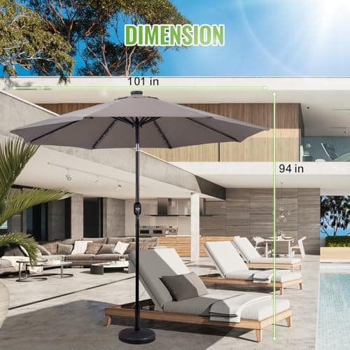 Backyard Expressions 9ft Solar Patio Umbrella with 32 LED Lights - Beige – Outdoor Market Umbrella with Tilt & Crank, Solar-Powered Lighting