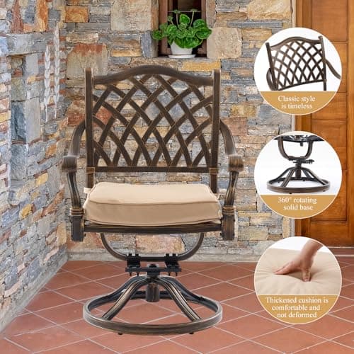 7-Piece Cast Aluminum Outdoor Table and Chairs, Antique Bronze Patio Dining Set for 6 Include 60" Rectangular Outdoor Dining Table and 6 Swivel Chairs with Removable Cushion and Umbrella Hole