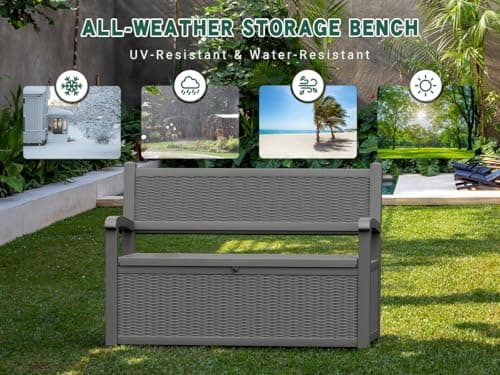 70 Gallon Outdoor Storage Bench Deck Box Lockable for Patio Furniture, Outdoor Porch Bench with Storage Waterproof for Cushions, Garden Tools and Pool Supplies, Grey