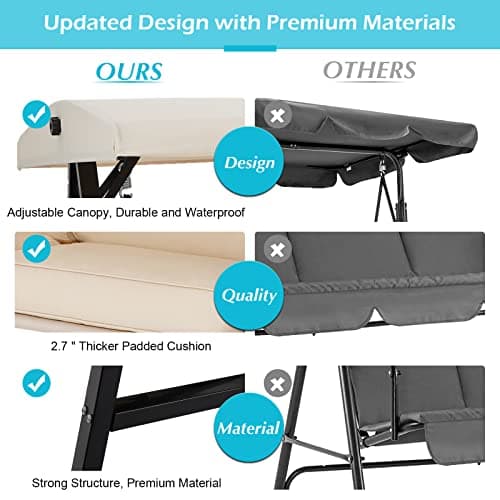 AECOJOY Outdoor Patio Swing Chair for Adults, 2-Seat Porch Swings with Adjustable Canopy, Outside Swing Bench with Removable Cushion, Suitable for Backyard, Garden, Yard, Poolside, Balcony (Beige)