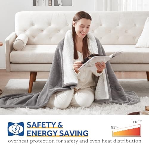 Sealy Electric Throw Blanket, Flannel & Sherpa Heated Throw with 6 Heating Levels & 2-10 Hours Auto Shut Off, Fast Heating & Machine Washable, 50x60 Inch, Light Grey