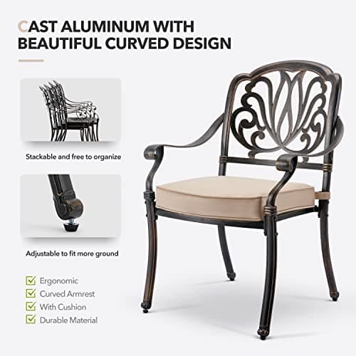 7 Piece Outdoor Dining Set Cast Aluminum, Retro Patio Dining Furniture Set for 6 Includes 59” Rectangular Table 2 Swivel Chairs with Thicker Cushions and Umbrella Hole for Patio Deck Garden