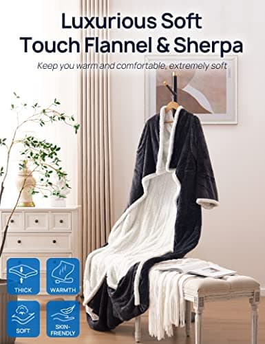 Westinghouse Electric Snuggle Throw Blankets with Foot Pocket, Wearable Heated Blanket with Sleeves, 6 Heating Levels & 2 to 10 Hours Heating Time Settings, 50 * 70"+18", Grey