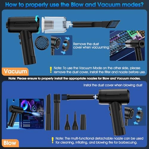 Compressed Air Duster, 100000RPM Handheld Car Vacuum/Air Blower& Pump, 3 Gear Adjustable Electric Air Duster/Car Vacuum Cleaner, Keyboard Duster with LED Light-10 Kits Air Blower for Computer(Black)