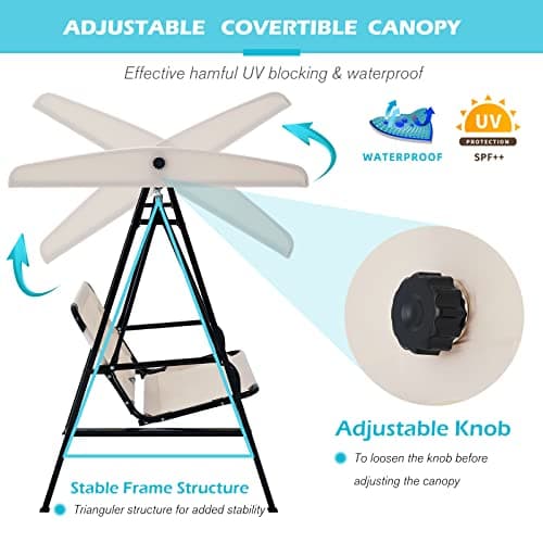 AECOJOY Outdoor Patio Swing Chair for Adults, 2-Seat Porch Swings with Adjustable Canopy, Outside Swing Bench with Removable Cushion, Suitable for Backyard, Garden, Yard, Poolside, Balcony (Beige)