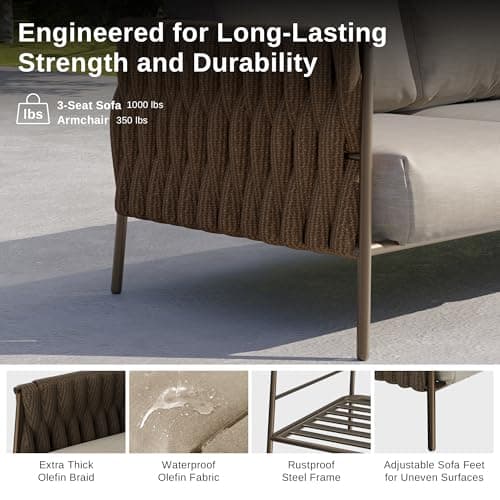 EAST OAK Life Chatter Patio Furniture Set 5 Pieces, Outdoor Furniture 5-Seat Sofa with Two Round Coffee Table, Waterproof Thick Cushion Deep Seating for Porch, Balcony, Chestnut Brown & Creamy Apricot