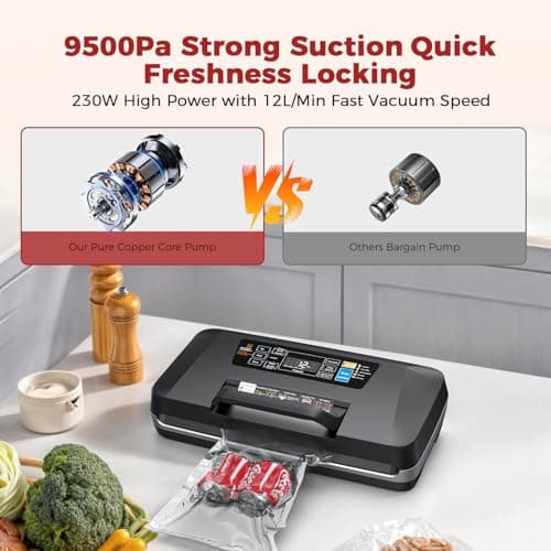 95kpa Vacuum Sealer Machine,Commercial Full Automatic Food Sealer,Powerful Sealing System with Double Heat Seal,Built-in Cutter&Bags Storage,1 Bag Rolls and 10 pcs Pre-cut Bags