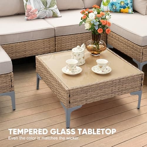 7 Piece Wicker Patio Furniture Set,Outdoor Conversation Sectional Sofa w/Coffee Table,All-Weather Outdoor Sofa with Thick and Anti-Slip Cushions for Deck,Poolside,Garden,Beige