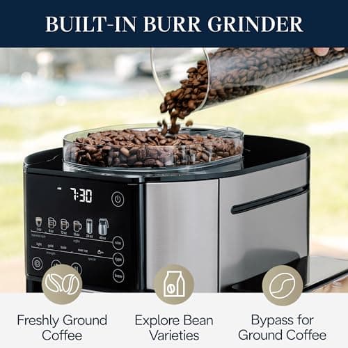 De'Longhi TrueBrew Drip Coffee Maker, Built in Grinder, Single Serve, 8 oz to 24 oz with 40 oz Carafe, Hot or Iced Coffee, Stainless,CAM51035M, Silver/Black