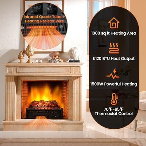 Tangkula 26” Infrared Quartz Electric Fireplace Log Heater with Realistic Pinewood Ember Bed, Electric Fireplace Heater Insert with Overheat Protection, Thermostat, 8H Timer, Remote Control, 1500W