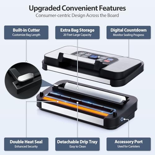 95Kpa Powerful Precision Pro Vacuum Sealer, with 10-in-1 Functions, Easy-Lock Handle, Double Heat Seal & Double Pump, Vacuum Sealer Machine for Food with Bags Storage, Built-in Cutter, Stainless Steel
